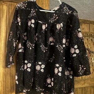 LOFT Black Lace Top with Floral Accents